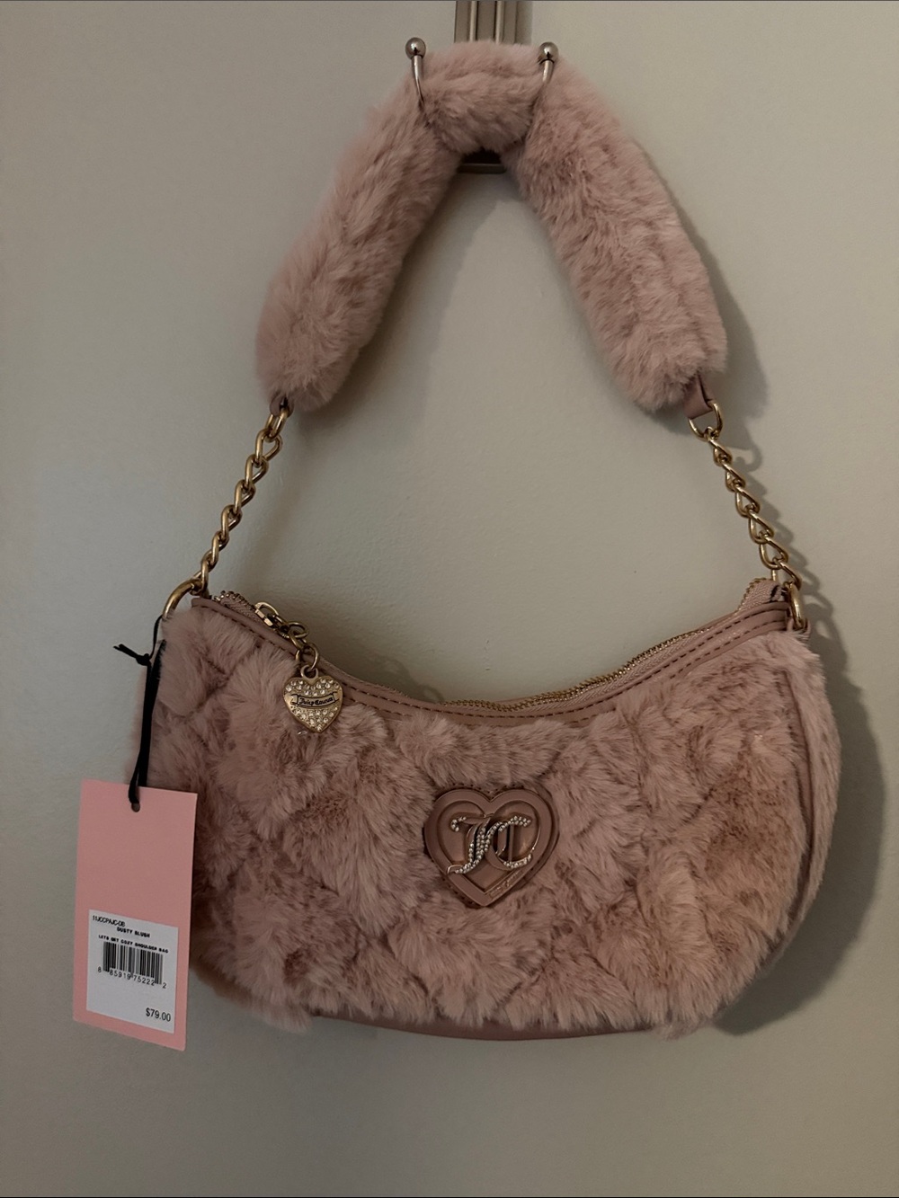 Juicy Couture Faux Fur Pink Shoulder Bag with Gold Chain Accent